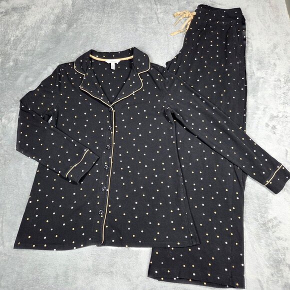 Soma Pajamas Black Gold Dot Long Sleeve Button Up M Top L Pants 2pc Set - Picture 1 of 13